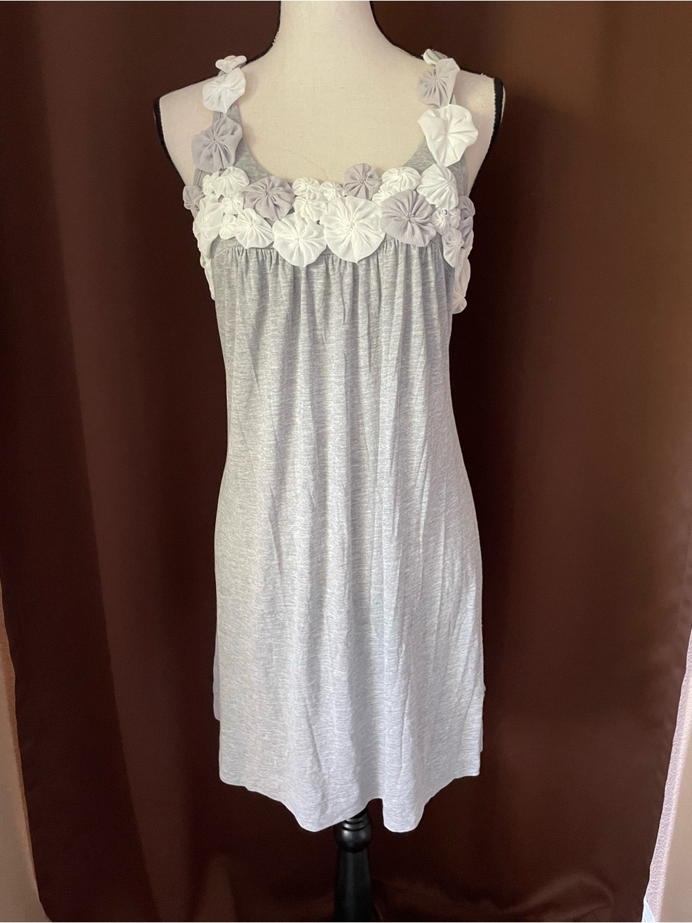 Vintage Alice + Olivia Y2K Grey Knit Rosette 3d flowers Babydoll Mini Dress S/M